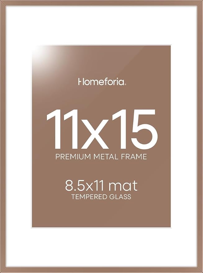 Homeforia 11x15 Mocha Picture Frame, High-End Metal, 8.5x11 Mat, Glass