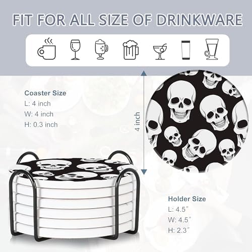 Coaster for Drinks Set of 6, Skeleton Skull Absorbing Round Ceramic Stone Coaster with Cork Base,Tabletop Protection Mat for Mugs and Cups,Coffee Table Wine Glass Home Bar 4 Inch