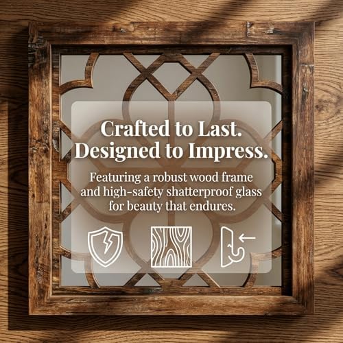 Set of 4 14 Inch Square Redbrown Window Pane Wall Mirrors, Shatterproof Rustic Farmhouse Boho Vintage Decorative Mirrors for Living Room Bedroom Bathroom Entryway