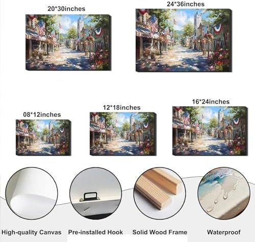 Rustic Patriotic Main Street Wall Art, 4th of July American Town Canvas Prints, Vintage Flag Street Decor for Home, Living Room, Kitchen, Framed Artwork for Bar, Made in USA