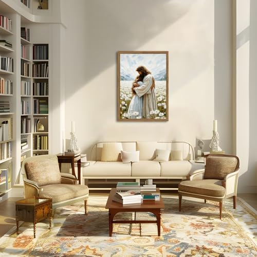 Jesus Embracing Woman Wall Art, Jesus Hugging Woman Wall Decor Framed 3D Textured Hand Drawn Sandstone Religious Christian Bible Painting Pictures for Bedroom Living Prayer Room 24x36 in Wood Framed