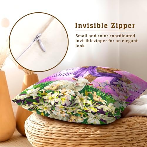 He is Risen Cross Christian Throw Pillow Covers 24''x24'' Set of 2 Easter Spring Pillowcase Religious Lily Floral Lamb Cotton Square Cushion Case Happy Holiday Pillows Protector for Home Sofa