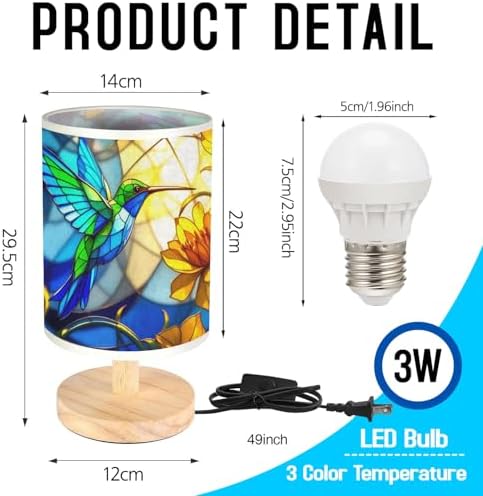 Hummingbird Table Lamp LED 3-Color Pressed Bedside, Hummingbird Shade Lamp with Wood Base for Bedroom Living Room Desk Office TL01