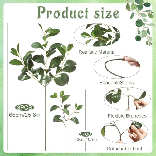 6Pcs Artificial Eucalyptus Stem Plants, Realistic Fake Greenery Branches Plants for Vase Decor, Wedding Centerpieces, Farmhouse Home Party Decor, Bendable Stems & No Fade