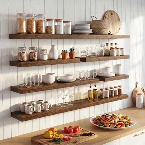 FLYJOE 22.5 Inch Floating Shelves for Wall Set of 2, 6.5" D Wood Grain Bathroom Shelves with Invisible Brackets, Easy Install Engineered Wood Storage Shelves for Kitchen, Living Room, Bedroom
