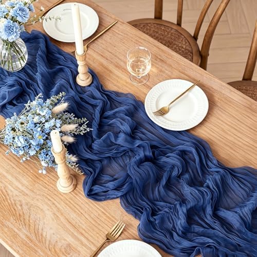 Navy Blue Table Runner, 10FT Rustic Gauze Blue Table Runner 35*120inch Boho Table Runners for Wedding Bridal Shower Birthday Baby Shower Table Centerpiece Decorations