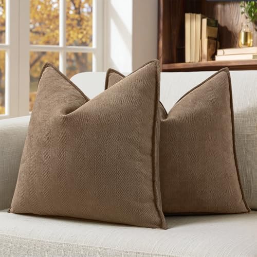 MIULEE Pack of 2 Dark Brwon Euro Shams Chenille Pillow Covers 26x26 Inch