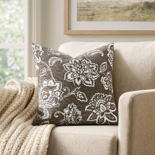 Set of 2 Chenille Floral Pillow Covers 20x20 Inch Taupe Grey
