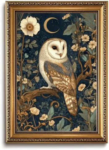 Vintage Gold Framed Owl Wall Art Dark Academia Canvas Art Prints | Dark Botanical Pictures Forest Animal Paintings Wall Decor Artwork for Living Room Bedroom 16x24in
