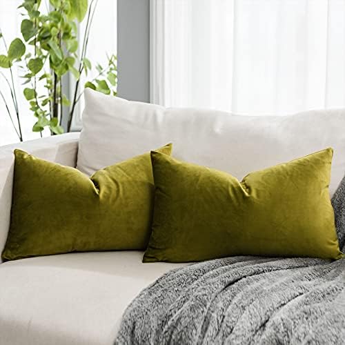 Olive Velvet Lumbar Throw Pillow Covers 12x20 Inch Set of 2 Zipper