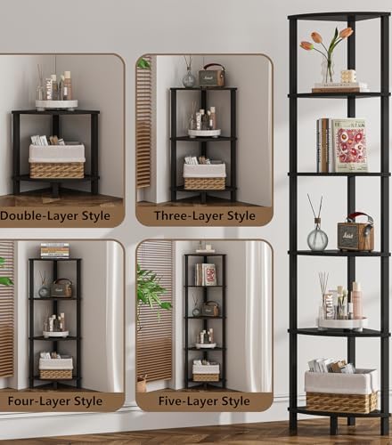 VIMBER Corner Shelf, 6-Tier Corner Bookshelf, Industrial Corner Ladder Shelf, DIY Storage Shelves, Modern Display Shelf for Living Room, Bedroom, Kitchen, Home Office, Black UJSJ004B