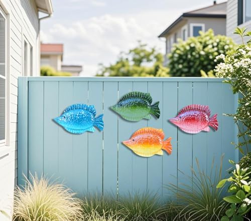 ShabbyDecor Coastal Ocean Sea Metal Fish Hanging Wall Art Decor for Living Room Bedroom Bathroom Guest Room Pool Wall Decor set of 4