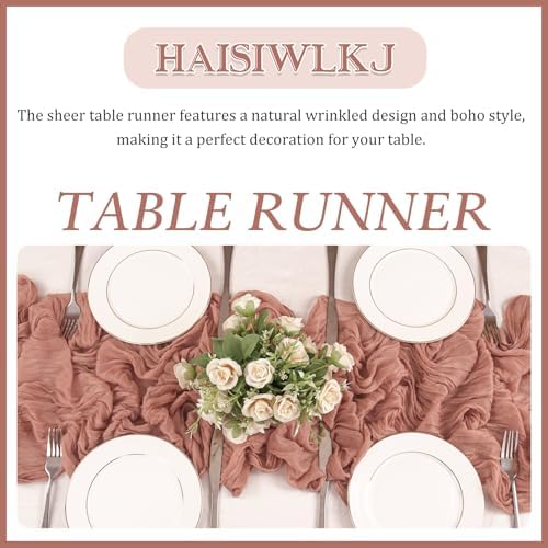 4 Pack 120 Inch Dark Rose Cheesecloth Table Runner Boho Rustic Gauze Sheer Romantic 10 FT Long Cheese Cloth Table Runner for Bridal Baby Shower Wedding Party Birthday Holiday Home Easter Decor