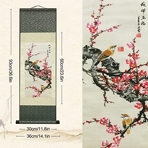 AtfArt Wall Art 4 Pack Asian Decor Birds & Flowers Silk Scroll Painting (36.2 x 12 in) - Chinese Art Wall Hanging, Fade-Resistant, Home Office