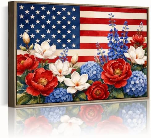 American Flag Framed Canvas Wall Art, 4th of July Floral Canvas Prints | Wildflower Landscape Poster Print, Vintage Rustic Independence Day Wall Decor for Bedroom Living Room Office 11×14in