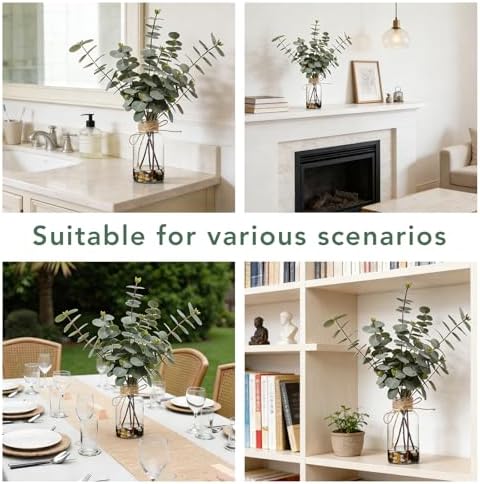Artificial Eucalyptus Stems in Glass Vase, 15.74-in Greenery