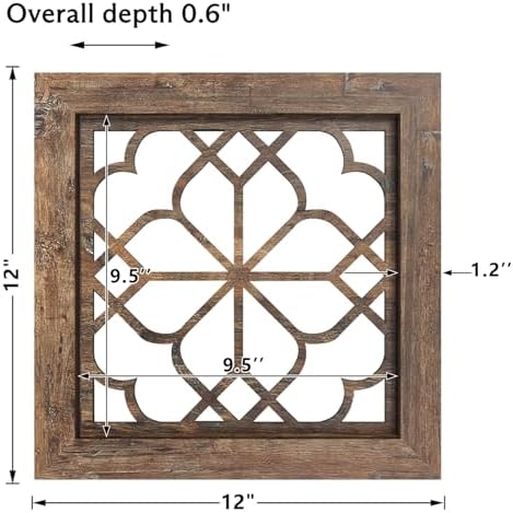 Set of 4 Boho Wall Mirrors with Carved Floral Design, 12x12 Inch Rustic Farmhouse Accent Mirrors, Vintage Style Shatterproof Square Mirror Decor for Living Room, Bedroom，Maroon