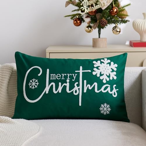 Merry Christmas Pillow Covers 12x20 Inch Embroidery Snowflake Xmas Decorative Lumbar Throw Pillow Cover Winter Holiday Pillow Case Cushion Cases for Sofa Couch Living Room Decorations Green