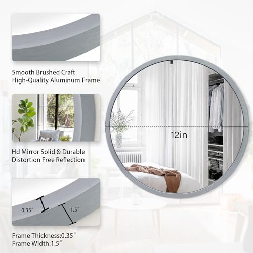 JJUUYOU Wall Round Mirror Wall Mounted Circle Mirrors, Gray Metal Aluminum Alloy Frame Mirror for Bathroom Vanity, Bedroom Home Decor Mirros