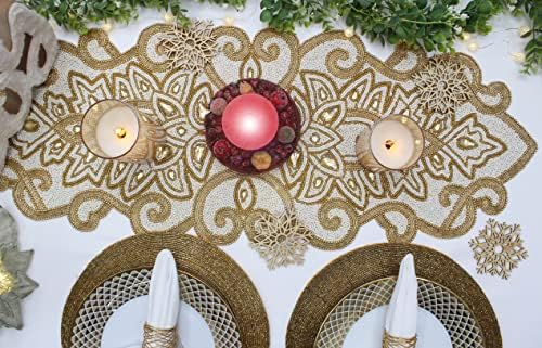 COTTON CRAFT Handmade Beaded Table Runner - 13x36 inches - Ivory & Gold