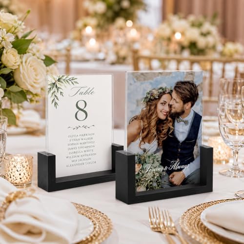 PETAFLOP 8x10 Picture Frame Set of 2, Black Rustic Wooden Photo Frames 8 by 10 Inch with HD Glass, U Shaped Double Sided Menu Holder Sign Card Stand for Tabletop Display