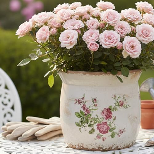 Xiaan Jiaju Cottage Ceramic Pots for Plants, 6.21 Inch Vintage Shabby Chic Planters for Indoor Plants, French Country Spring Balcony & House Decor, Pink Floral Vases for Centerpieces, Gardening Gifts