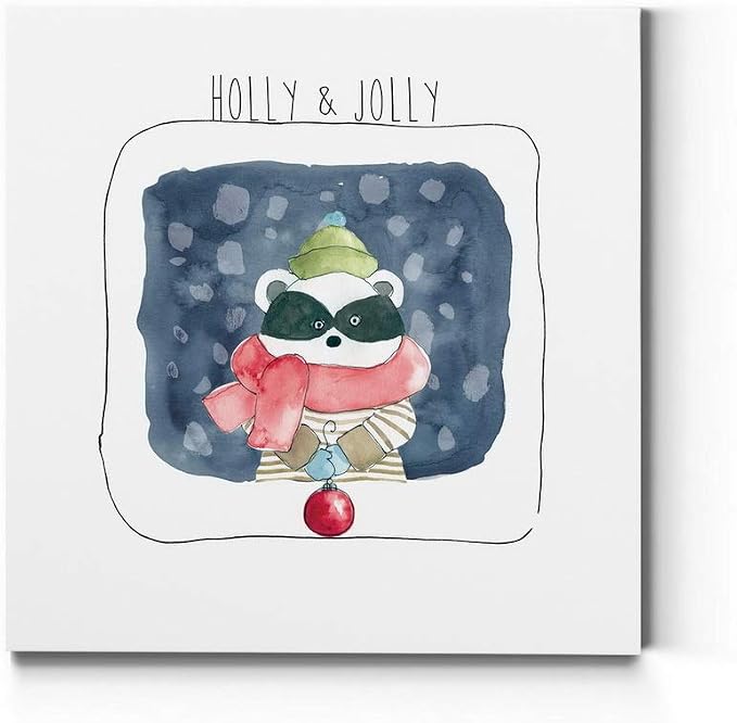 Renditions Gallery Abstract Animal Wall Art for Home Decor Holly & Jolly Christmas Raccoon Canvas Hanging Artwork for Dining Living Room Kitchen Decorations - 40"X40" LT05