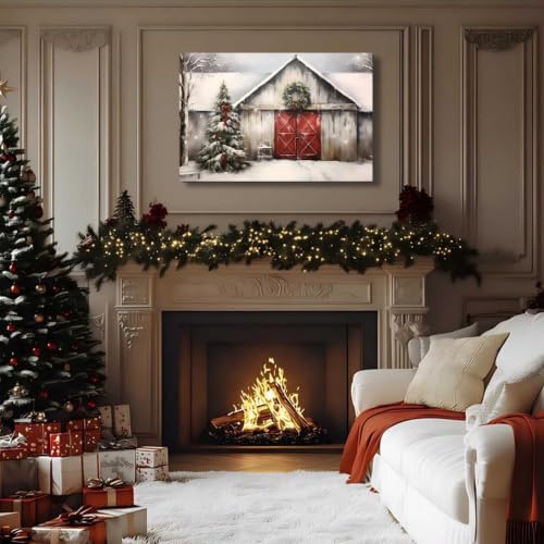 Vintage Christmas Barn Wall Art 16x24inch, Retro Winter Snow Landscape Holiday Xmas Artwork Poster Framed Christmas Tree Wall Decor for Home Farmhouse Bedroom Gallery Decorations