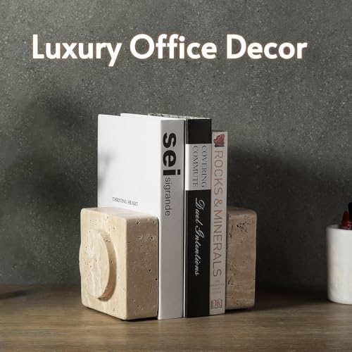 Koville Marble Square Book Ends, Heavy Duty Book Holders, Bookends for Shelves, Office Bookshelf Decor for CDs/Video Games(Travertino Romano)