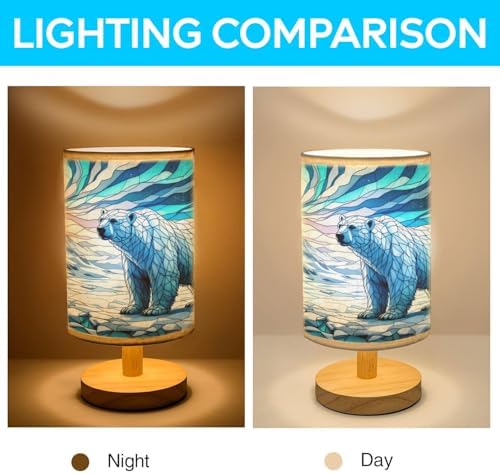 Polar Bear Table Lamp LED 3-Color Pressed Bedside, Polar Bear Shade Lamp with Wood Base for Bedroom Living Room Desk Office TL01