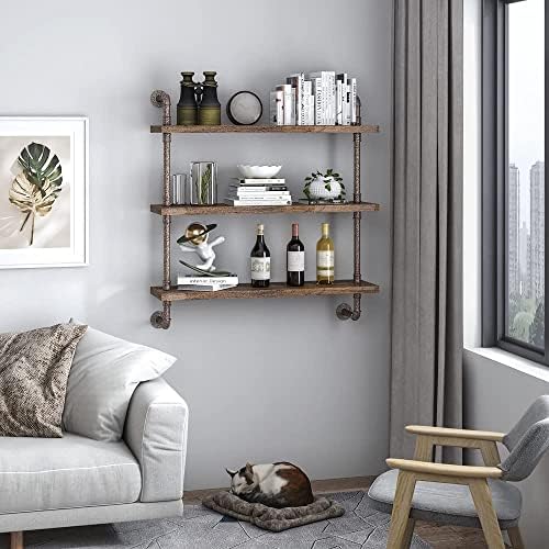 Helsin 3 Tier Industrial Pipe Shelf Rustic Wood Floating Wall Display Bookshelf Storage Rack Sundries Holder for Kitchen Office Bathroom Organization and Home Decor (32 Inch)