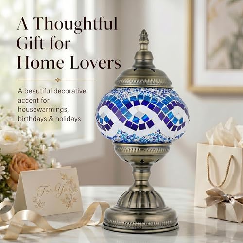 GOGERS Turkish Moroccan Table Lamp Lantern with Handmade Mosaic Glass Lampshade Tiffany Style Bohemian Stained Glass Decorative Desk Lamps Bedside Night Lights for Bedroom (White Multiple Blues)