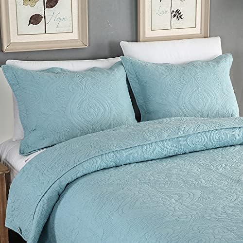 vctops 2-Piece Embroidered Cotton Quilted Pillow Shams Vintage Floral Decorative Pillow Covers Boho Pillow Cases Queen Size, Turquoise D