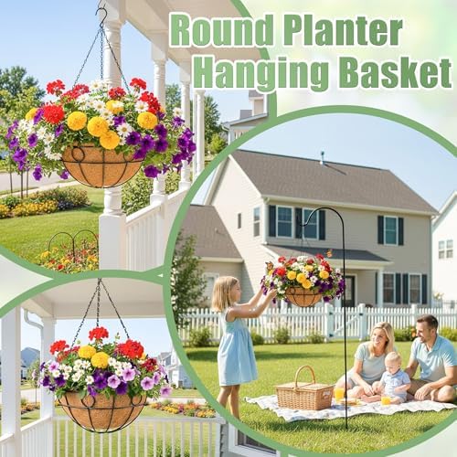 2 Pack 12 Inch Hanging Baskets for Plants Outdoor Metal Hanging Planters Round Hanging Flower Pots with Coco Coir Liner Plant Holder for Outdoor Patio Garden Balcony Decor - Circular