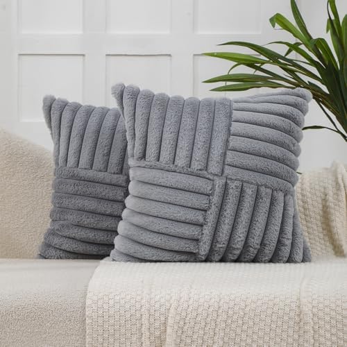 Gray Faux Fur Throw Pillow Covers 20x20 Inch Set of 2