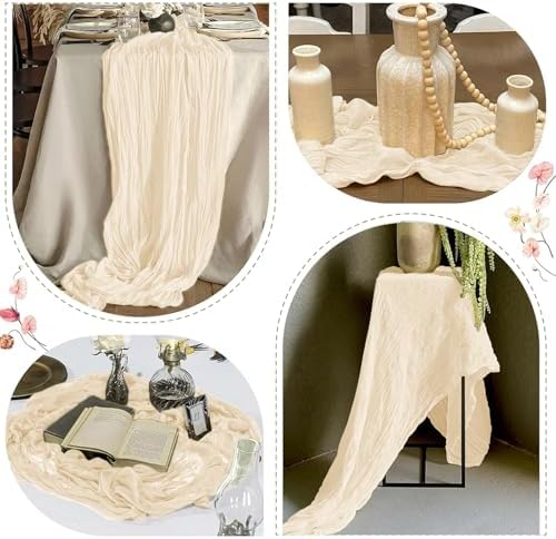 12 Pack Ivory Cheesecloth Table Runner 17 x 108 Inch Gauze Table Runner Fabric Semi Sheer Cheese Cloth Table Decor Bulk for Rustic Romantic Wedding Baby Shower Table Decoration