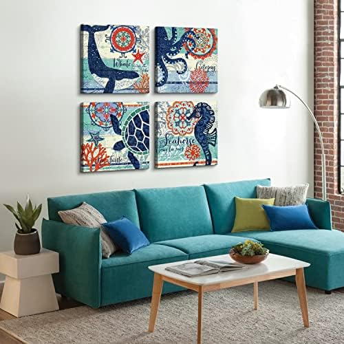 4 Panel Teal Blue Home Wall Art Decor Framed Artwork for Bathroom Living Room Canvas Print Beach Coastal Sea Turtle Octopus Seahorse Whale Pictures Posters Bedroom Decoration 20 x 20 / Piece Set