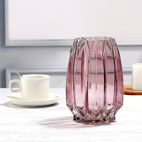 Lucky Bird Pink Glass Vase Modern Ribbed Vase for Flowers, Candles, and Decorative Accents - Tall/Short Vases for Centerpieces Home Table Decor(Purple Pink H8.0inch)