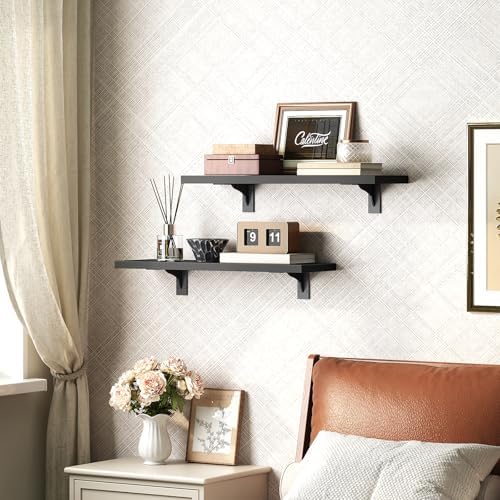 HOOBRO Floating Shelves for Wall, 15.7" Wall Mounted Shelves Set of 2, Hanging Storage Shelf with Metal Brackets, Wooden Shelf for Living Room, Bedroom, Bathroom, Black BK42BJP201G1
