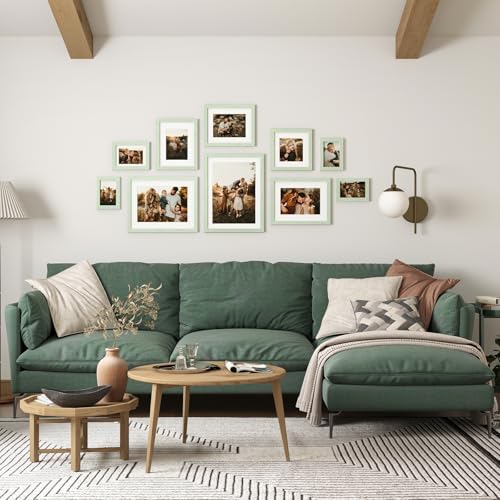 Egofine 4x6 Picture Frames Set of 4, Made of Solid Wood Covered by Plexiglass 3x4.5 and 3.5x5 with Mat or 4x6 without Mat, for Table Top Display and Wall Mounting Photo Frame, Rustic Green
