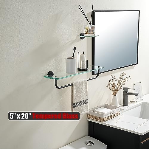 JQK Bathroom Glass Shelf, Shelf with 19 Inch Towel Bar Tempered Glass Shower Storage 20 by 5 inches, 304 Stainless Steel Matte Black Wall Mount, TGS100L20-PB