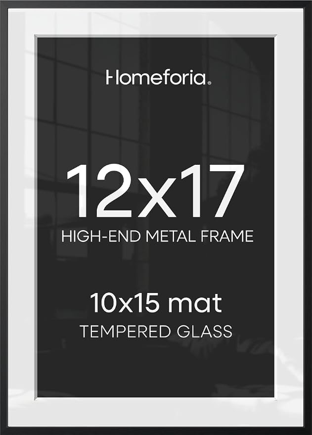 Homeforia 12x17 Black Picture Frame, High-End Metal, 10x15 Mat, Glass