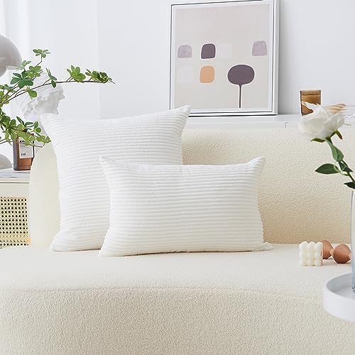 Home Brilliant Set of 2 Decorative Pillow Cover Solid Striped Corduroy Plush Velvet Cushion Cover for Couch, 50cm, 20 x 20 Inch, Creamy White