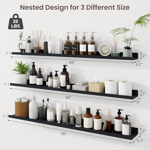 Axeman Picture Ledge Shelf, 48 Inch Black Floating Shelves Set of 3