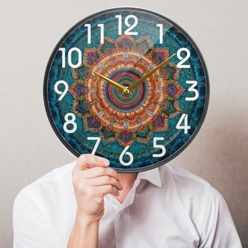 Naanle Vintage Mandala Pattren Round Wall Clock, 9.5 Inch Silent Battery Operated Quartz Analog Quiet Desk Clock for Home,Office,School