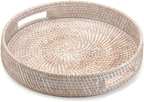 14" Round Rattan Tray, Hand Woven Serving Tray with Handles, Wicker Serving Basket, Decorative Tray for Home Decor, Whitewash