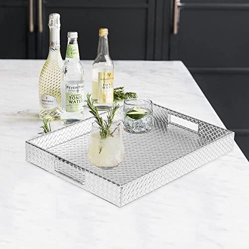 HofferRuffer Rectangle Serving Tray with Hole Handles for Coffee Table, Breakfast, Tea, Food, Butler - Countertop, Kitchen, Vanity Serve Tray, 16.2 x 12.2 x 2 inches, Faux Leather (Silver)
