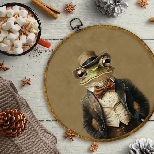 CUANFDDSF Vintage Frog Gentleman Round Wall Art, Dark Academia Whimsical Animal Framed Hanging Wall Decor, Retro Toad Frog Lover Gifts Canvas Prints Decorations for Home Living Room, 10x10 Inch