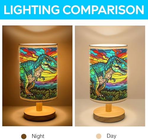 Dinosaurus Table Lamp LED 3-Color Pressed Bedside, Dinosaur Shade Lamp with Wood Base for Bedroom Living Room Desk Office TL01