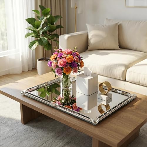 Large Mirror Perfume Tray for Dresser,Crushed Diamond Glass Tray